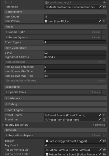 LevelManager class is the top manager of the level layout Total item generating count for this level Real-time cutscene available position calculation Room randomization and build the navigation mesh after it Item spawn amount  Level-specific functions